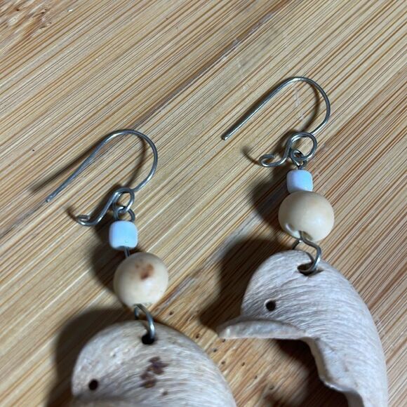 Vintage Brazilian Wooden Dolphin Earrings with Beads (Purchased in Brazil) - Picture 6 of 9